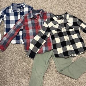 OshKosh Boys 5T Lot Bundle | 3 Plaid Button Downs + Green Chinos (4 Pc)